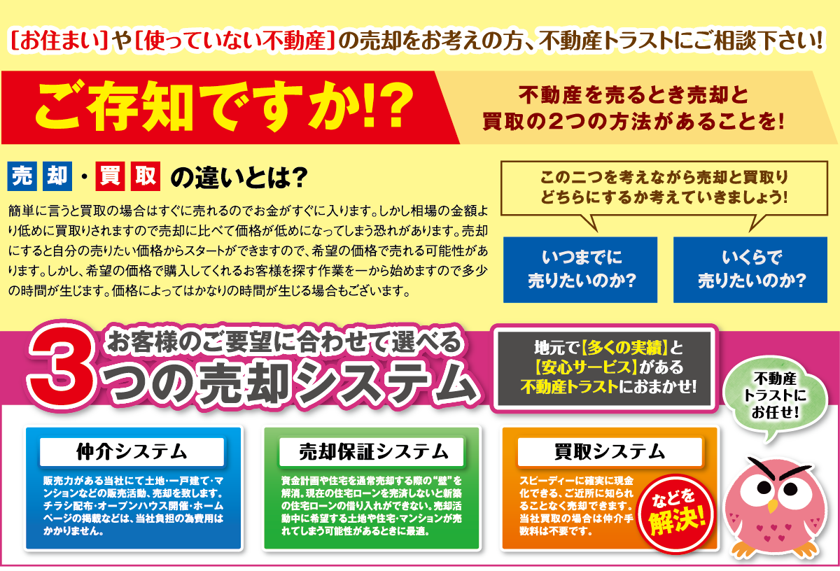 お住まいや使っていない不動産の売却をお考えの方、不動産トラストにご相談ください。